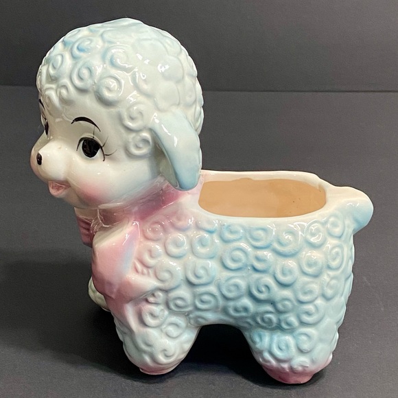 Vintage Rubens Anthropomorphic Curly Baby Lamb Planter - Pink/Blue - Japan - Picture 2 of 8